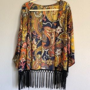 Printed kimono with fringe trim